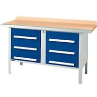 Schäfer Shop Kastenwerkbank PWi 150-6, Buche Multiplexplatte, mit Stahlkante, bis 750 kg, B 1500 x T 700 x H 840 mm, Enzianblau