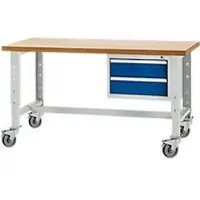Schäfer Shop Werkbank, mobil, höhenverstellbar, Unterbau, 2 Schübe & Zentralverschluss, bis 200 kg, B 1500 mm, l.grau RAL 7035/enz.blau RAL 5010