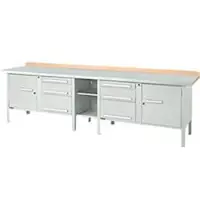 Schäfer Shop Kastenwerkbank PWi 300-2, Buche Multiplexplatte, mit Stahlabdeckung, bis 750 kg, B 3000 x T 700 x H 840 mm, Lichtgrau