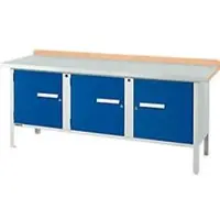 Schäfer Shop Kastenwerkbank PW 200-3, Buche Multiplexplatte, mit Stahlabdeckung, bis 750 kg, B 2000 x T 700 x H 840 mm, Enzianblau