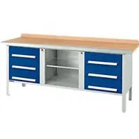 Schäfer Shop Kastenwerkbank PW 200-2, Buche Multiplexplatte, mit Stahlkante, bis 750 kg, B 2000 x T 700 x H 840 mm, Enzianblau