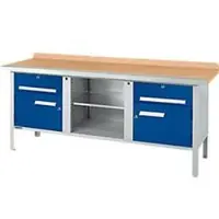 Schäfer Shop Kastenwerkbank PW 200-0, Buche Multiplexplatte, mit Stahlkante, bis 750 kg, B 2000 x T 700 x H 840 mm, Enzianblau