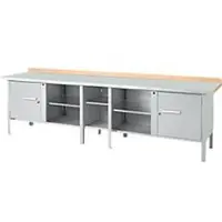Schäfer Shop Kastenwerkbank PWi 300-1, Buche Multiplexplatte, mit Stahlabdeckung, bis 750 kg, B 3000 x T 700 x H 840 mm, Weißaluminium