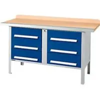 Schäfer Shop Kastenwerkbank PWi 150-6, Buche Multiplexplatte, mit Stahlkante, bis 750 kg, B 1500 x T 700 x H 840 mm, Enzianblau