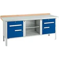 Schäfer Shop Kastenwerkbank PW 200-0, Buche Multiplexplatte, mit Stahlabdeckung, bis 750 kg, B 2000 x T 700 x H 840 mm, Enzianblau