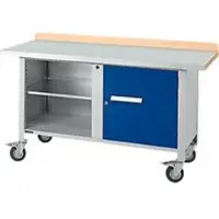 Schäfer Shop Mobile Werkbank PWi 150-1, Buche-Dekor Multiplexplatte, mit Stahlabdeckung, bis 400 kg, B 1500 x T 700 x H 840 mm