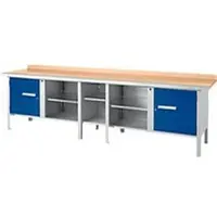 Schäfer Shop Kastenwerkbank PWi 300-1, Buche Multiplexplatte, mit Stahlkante, bis 750 kg, B 3000 x T 700 x H 840 mm, Enzianblau