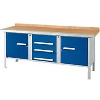 Schäfer Shop Kastenwerkbank PW 200-4, Buche Multiplexplatte, mit Stahlkante, bis 750 kg, B 2000 x T 700 x H 840 mm, Enzianblau