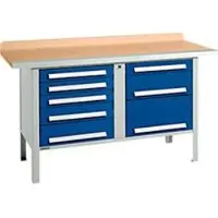 Schäfer Shop Kastenwerkbank PWi 150-8, Buche Multiplexplatte, mit Stahlkante, bis 750 kg, B 1500 x T 700 x H 840 mm, Enzianblau