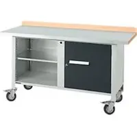 Schäfer Shop Mobile Werkbank PWi 150-1, Buche-Dekor Multiplexplatte, mit Stahlabdeckung, bis 400 kg, B 1500 x T 700 x H 840 mm