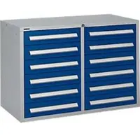 Schäfer Shop Schubladenschrank SF 120, 12 Schübe mit Etikettenschildern, abschließbar, B 1055 x T 500 x H 723 mm, weißaluminium RAL 9006/enzianblau RAL 5010