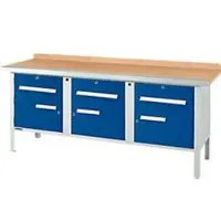 Schäfer Shop Kastenwerkbank PW 200-5, Buche Multiplexplatte, mit Stahlkante, bis 750 kg, B 2000 x T 700 x H 840 mm, Enzianblau