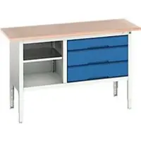 Bott Kastenwerkbank verso, Multiplex-Platte, 3 Schubladen & 1 Ablageboden, B 1500 x T 600 x H 830 - 930 mm, RAL 7035 Lichtgrau / Enzianblau