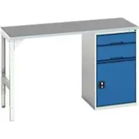 Bott Unterbauwerkbank verso, Linoleum-Platte, 2 Schubladen, 1 Tür, 1 Ablageboden, B 1500 x T 600 x H 930 mm, Lichtgrau / Enzianblau
