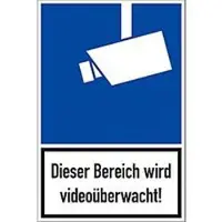 Moedel Hinweisschild „Dieser Bereich wird videoüberwacht!“, DIN 33450, L 270 x B 180 mm, Aluminium, blau-schwarz-weiß