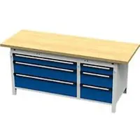 OttoKind Otto Kind Breitfachwerkbank Typ 425, Buche Multiplexplatte, überstehend, bis 1400 kg, B 2004 x T 750 x H 850 mm, Stahl, Zentralverschluss, lichtgrau/enzianblau