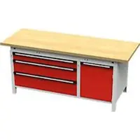 OttoKind Otto Kind Breitfachwerkbank Typ 435, Buche Multiplexplatte, überstehend, bis 1400 kg, B 2004 x T 750 x H 850 mm, Stahl, Zentralverschluss, lichtgrau/feuerrot