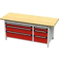 OttoKind Otto Kind Breitfachwerkbank Typ 425, Buche Multiplexplatte, überstehend, bis 1400 kg, B 2004 x T 750 x H 850 mm, Stahl, Zentralverschluss, lichtgrau/feuerrot