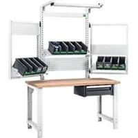Bott Systemwerkbank cubio, mit Schubladen, Aufnahme- und Schwenkrahmen, Leuchte, Buche-Multiplexplatte, bis 800 kg, B 2000 x T 750 mm, Lichtgrau