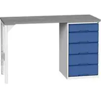 Bott Unterbauwerkbank verso, Linoleum-Platte, 5 Schubladen, B 1500 x T 600 x H 930 mm, Lichtgrau / Enzianblau