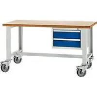 Schäfer Shop Werkbank, mobil, Unterbau, 2 Schübe & Zentralverschluss, bis 200 kg, B 1500 x T 700 x H 835 mm, l.grau RAL 7035/enz.blau RAL 5010