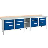 Schäfer Shop Kastenwerkbank PWi 300-0, Buche Multiplexplatte, mit Stahlabdeckung, bis 750 kg, B 3000 x T 700 x H 840 mm, Enzianblau