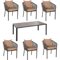 Mendler Gartengarnitur MCW-N41, Tisch+6xStuhl, wetterfest Alu 180x80cm, Seilgeflecht Rope anthrazit Kissen taupe