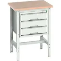 Bott Werkbank verso, Multiplex-Platte, mit Querstrebenset, 3 Schubladen, B 700 x T 600 x H 780 - 930 mm, Lichtgrau