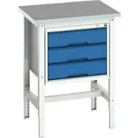 Bott Werkbank verso, Linoleum-Platte, mit Querstrebenset, 3 Schubladen, B 700 x T 600 x H 780 - 930 mm, Lichtgrau / Enzianblau