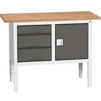 Bott Kastenwerkbank verso, Multiplex-Platte, 3 Schubladen & 1 Tür, B 1250 x T 600 x H 830 - 930 mm, RAL 7035 Lichtgrau / Anthrazitgrau