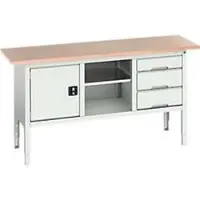 Bott Kastenwerkbank verso, mit Multiplex-Platte, 3 Schubladen & 1 Ablageboden & 1 Tür, B 1750 x T 600 x H 830 - 930 mm, RAL 7035 Lichtgrau