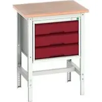 Bott Werkbank verso, Multiplex-Platte, mit Querstrebenset, 3 Schubladen, B 700 x T 600 x H 780 - 930 mm, Lichtgrau / Purpurrot