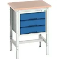 Bott Werkbank verso, Multiplex-Platte, mit Querstrebenset, 3 Schubladen, B 700 x T 600 x H 780 - 930 mm, Lichtgrau / Enzianblau