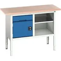 Bott Kastenwerkbank verso, mit Multiplex-Platte, 1 Schublade & 1 Ablageboden & 1 Tür, B 1250 x T 600 x H 830 - 930 mm, Lichtgrau / Enzianblau