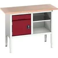 Bott Kastenwerkbank verso, mit Multiplex-Platte, 1 Schublade & 1 Ablageboden & 1 Tür, B 1250 x T 600 x H 830 - 930 mm, Lichtgrau / Purpurrot