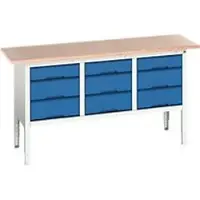 Bott Kastenwerkbank Boot verso, mit Multiplex-Platte, 9 Schubladen, B 1750 x T 600 x H 830 - 930 mm, RAL 7035 Lichtgrau / RAL 5010 Enzianblau