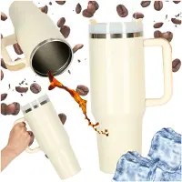 Kik Thermobecher mit Strohhalm und Griff Thermoskanne 1200ml Sahne