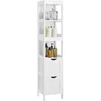 Vasagle Hochschrank Badezimmer, Badezimmerschrank schmal, 2 Schubladen, 3 offene Fächer, 30 x 30 x 141,5 cm, Weiß