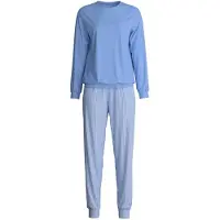 Calida Schlafanzug "Lovely Nights" 2 tlg. Oberteil uni, Hose gestreift, Rundhalsausschnitt, weich, Langarm