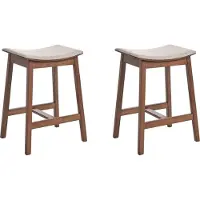 Beliani Barhocker 2er Set Dunkelbraun u. Beige Gummibaumholz Gepolstert mit Lehne Fußstützen ohne Armlehnen Wohnzimmer Küche Bar Wohnküche
