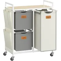 Vasagle Wäschekorb mit 3 Fächern, 100 L Wäschesortierer, Wäschewagen mit Rollen und Ablageflächen, abnehmbare Beutel, 6 Etiketten, Naturbeige, Taubenblau und Cremeweiß BLH202G01