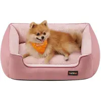 OEM Hundebett, Lederhundekissen, Hundebox, Aufstehende Kanten, Antislip Boden, Abnehmbare und Waschbare Hülle, M, für kleine Hunde, 70 x 55 x 21 cm, Pastellros