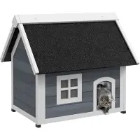 PawHut Katzenhaus Outdoor Katzenhöhle aus Holz, mit Asphaltdach Wetterfest Grau