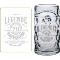 Luxentu Bierkrug "Bierkrug mit Gravur Legende seit 70 Jahren 0,5 Liter transparent"