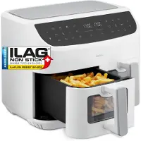 Medion P20 XXL Heißluftfritteuse mit 2 Kammern (8,7 Liter, Airfryer, 2.600 Watt, Doppelkammer, 10 Automatikprogramme, 2 Schubladen, Sichtfenster, Dualer Airfryer, Dual Cook & Sync-Finish) weiß