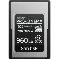 SanDisk PRO-CINEMA, 960 GB, CFexpress Type A, 1800 MB/s, 1650 MB/s, Tropfsicher, Staubresistent, Wasserfest, Schwarz, Metallisch