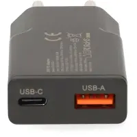 Nedis Netzladegerät - 20 W - GaN - PD3.0 - 1.5 / 2.0 / 2.22 A / 3.0 A - Anzahl der Ausgänge: 2 - USB-A / USB-C - Automatische Spannungswahl - Schwarz