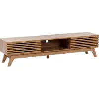 Beliani Fernsehtisch Braun Holzoptik Eiche 180 cm Breit mit Kabelkanal Schiebetür Lamellen-Optik Niedrig Schmal TV-Möbel TV-Schrank für Wohnzimmer