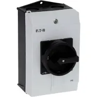 Eaton 199913 Hauptschalter, P1, 40 A, Aufbau, 3-polig, 1 Schließer, 1 Öffner, HALT-Funktion, mit schwarzem Drehgriff und Sperrkranz, abschließbar