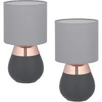 Relaxdays Tischlampe, 2er Set, Metallfuß, Stoffschirm, E14, H x D: 32 x 18 cm, Nachttischlampe mit Kabel, grau/kupfer